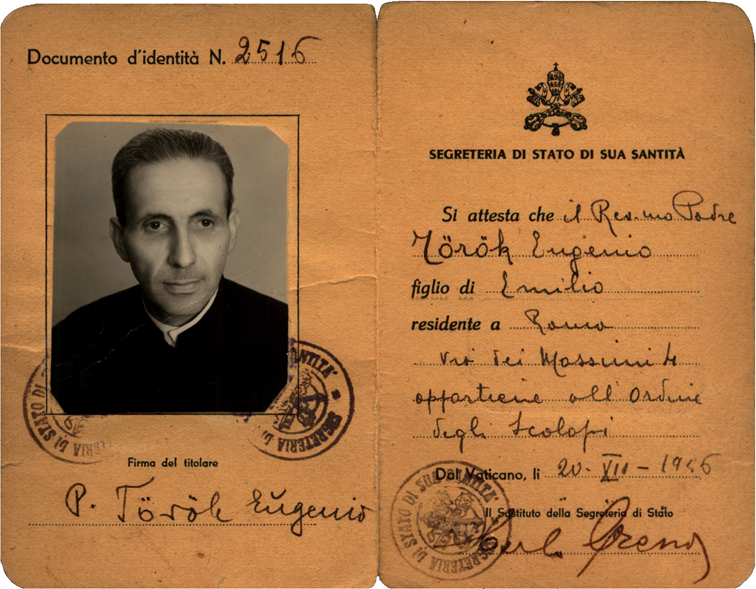 A börtönből nemrég szabadult Török Jenő vatikáni igazolványa 1956 decemberéből